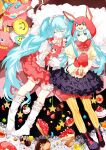  2girls animal_hands aqua_eyes artist_request bandaid bandaid_on_knee bandaid_on_leg blue_eyes blue_hair bow cake cake_slice closed_eyes commentary_request cupcake doughnut dual_persona english_text food fork fruit gloves hatsune_miku heart long_hair lots_of_laugh_(vocaloid) multiple_girls multiple_persona no_shoes non-web_source pancake pancake_stack paw_gloves plate scrunchie shoes skirt sleeping socks source_request star_(symbol) strawberry strawberry_shortcake striped sweets thigh-highs twintails vertical_stripes very_long_hair vocaloid 
