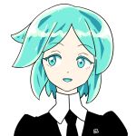  1other :d bangs black_jacket black_necktie blue_eyes blue_hair houseki_no_kuni jacket looking_away looking_to_the_side muu_(mumumer) necktie other_focus parted_bangs phosphophyllite portrait puffy_sleeves shirt simple_background smile solo white_background white_shirt 