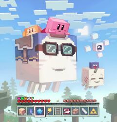  1up aviator_cap blue_sky blush_stickers box cardboard_box clouds controller day fish flying game_controller gameplay_mechanics goggles gooey_(kirby) happy_ghast highres invincible_candy kirby kirby_(series) maxim_tomato minecraft no_humans outdoors railroad_tracks sky smile suyasuyabi tree triforce twitter_username waddle_dee watermark wii_remote 