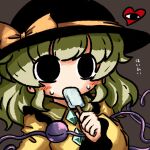  1girl bangs black_eyes black_headwear blouse blush bow brown_background buttons diamond_button eyeball food food_in_mouth frilled_shirt_collar frilled_sleeves frills hand_up hat hat_bow hat_ribbon heart heart_of_string heripantomorrow holding holding_food komeiji_koishi light_green_hair long_sleeves medium_hair popsicle_in_mouth ribbon shirt sidelocks simple_background solo sweat third_eye touhou upper_body wavy_hair wide_sleeves yellow_bow yellow_ribbon yellow_shirt 