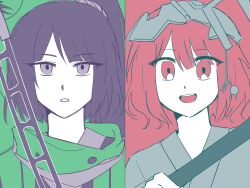  2others adagumo_no_yaorochi androgynous black_hair black_kimono blue_kimono blunt_bangs commentary dot_nose double-parted_bangs expressionless eyelashes flat_color green_background green_jacket green_scarf grey_eyes grey_scarf grey_scrunchie hair_between_eyes hair_ornament hair_scrunchie hangman_(game) happy high_side_ponytail highres holding holding_sword holding_toy holding_weapon jacket japanese_clothes jinbaori katano_sukune kimono len&#039;en limited_palette long_hair multiple_others open_mouth other_focus pale_skin parted_lips prehensile_tail re1re133 red_background red_eyes red_hair scarf scrunchie short_hair smile snake_tail straight-on sword sword_of_kusanagi tail tasouken teeth toy two-tone_background upper_body upper_teeth_only weapon 