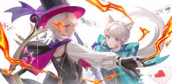  1boy 1girl absurdres ace_(playing_card) ace_of_hearts ace_of_spades animal_ear_fluff animal_ears black_gloves black_hat blue_bow bow bow_(weapon) cape card cat_ears closed_mouth commentary_request eight_of_spades facial_mark four_of_hearts gem genshin_impact gloves hat heart highres holding holding_card holding_sword holding_weapon huge_bow lips long_sleeves looking_at_viewer looking_to_the_side lynette_(genshin_impact) lyney_(genshin_impact) medium_hair playing_card pyro_symbol_(genshin_impact) red_gemstone sacrificial_sword_(genshin_impact) seven_of_diamonds spade_(shape) star_(symbol) star_facial_mark sword tanpopo_(tanpopokkk) teardrop_facial_mark the_first_great_magic_(genshin_impact) top_hat two-tone_gloves two_of_diamonds upper_body violet_eyes vision_(genshin_impact) weapon white_gloves white_hair 