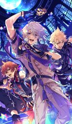  3boys 6+boys androgynous arjuna_(fate) arm_up belt bishounen black_belt black_boots black_gloves black_necktie black_pants black_vest blonde_hair blue_background blue_eyes boots bracelet colored_lapels commentary creature dancing dutch_angle fate/grand_order fate_(series) fou_(fate) from_below full_moon gloves grey_shirt holding holding_microphone hyde_(fate) idol idol_clothes jacket jekyll_and_hyde_(fate) jewelry looking_at_viewer male_focus microphone moon multiple_boys music musical_note musical_staff necktie official_art one_eye_closed open_mouth pants paracelsus_von_hohenheim_(fate) prince_of_lan_ling_(fate) rama_(fate) red_eyes red_hair saint_quartz_(fate) senzaki_makoto shi_huang_di_(fate) shirt short_sleeves silhouette singing sky sleeveless sleeveless_shirt smile star_(sky) starry_sky teeth third-party_source tongue tongue_out upper_teeth_only v-shaped_eyebrows vest white_jacket white_pants window 