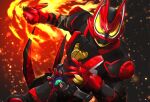  1boy armor black_armor black_bodysuit bodysuit boost_mark_ii_buckle commentary_request cowboy_shot desire_driver fighting_stance fire flame_print fox fox_boy fox_mask gloves glowing glowing_eyes green_fire highres hitodama incoming_attack kamen_rider kamen_rider_geats kamen_rider_geats_(series) kamen_rider_geats_boost_mark_ii kitsune male_focus mask miyabi_(037) mouth_guard orange_eyes power_armor raise_buckle raised_fist red_gloves shoulder_armor solo 