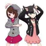  2girls absurdres arm_up arms_up asymmetrical_bangs bangs black_choker black_hair black_jacket bob_cut brown_eyes brown_hair buttons cable_knit cardigan choker collared_dress commentary_request dress gloria_(pokemon) green_eyes green_headwear grey_cardigan hair_ribbon highres hooded_cardigan jacket looking_at_viewer marnie_(pokemon) multiple_girls open_clothes open_jacket pink_dress pokemon pokemon_(game) pokemon_swsh red_ribbon ribbon short_hair simple_background white_background yuu_(jgvj7873) 