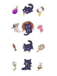  ;p akanbe all_fours anemo_symbol_(genshin_impact) animalization aqua_gemstone black_cat cat expressionless eyelid_pull feathers flower food fruit genshin_impact gnosis_(genshin_impact) gold hat highres katana kuronushi_(genshin_impact) lavender_melon_(genshin_impact) looking_at_viewer lying mitsudomoe_(shape) no_humans on_back on_stomach one_eye_closed paper pink_flower pom_pom_(clothes) rock scaramouche_(cat)_(genshin_impact) scaramouche_(genshin_impact) scaramouche_(kabukimono)_(genshin_impact) standing straw_hat string sword tomoe_(symbol) tongue tongue_out tujiang6 vision_(genshin_impact) wanderer_(genshin_impact) weapon white_background wide-eyed yellow_feathers 