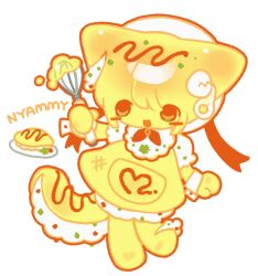  1girl animal_ears blonde_hair blush_stickers bomal1215 cat_ears cat_girl cat_tail chibi chibi_only commentary dress english_commentary food food-themed_clothes furry furry_female hat holding holding_whisk omelet original short_hair simple_background solo tail whisk white_background white_hat yellow_dress yellow_fur 