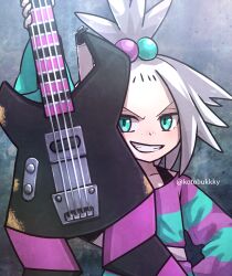  1girl absurdres arm_up bass_guitar collarbone commentary_request green_eyes grin hair_bobbles hair_ornament happy highres holding holding_instrument instrument kotobukkii_(yt_lvlv) looking_at_viewer pokemon pokemon_bw2 roxie_(pokemon) shirt smile solo striped_clothes striped_shirt teeth topknot twitter_username upper_body watermark 