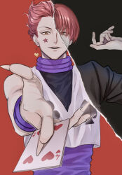 1boy black_background card earrings facial_mark fingernails heart highres hisoka_morow holding holding_card hunter_x_hunter jewelry long_fingernails looking_at_viewer male_focus open_mouth playing_card re_tae44 red_background red_hair solo split_theme star_(symbol) star_facial_mark teeth two-tone_background upper_teeth_only yellow_eyes 