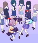  6+girls aqua_hair arm_at_side bangs black_hair black_serafuku black_skirt black_suit blocking blue_hair blue_neckerchief blue_sailor_collar blue_skirt blunt_bangs bob_cut brown_footwear brown_hair cellphone chibikki colored_inner_hair commentary duel english_commentary faceless fighting formal gradient_background highres holding holding_keyboard_(computer) holding_phone keyboard_(computer) kneehighs light_brown_hair long_hair long_sleeves medium_hair multicolored_hair multiple_girls nanako_(chibikki) neckerchief original phone pink_background pixel_art plaid plaid_skirt pleated_skirt purple_background sailor_collar school_uniform serafuku shoes short_hair short_sleeves simple_background skirt smartphone socks standing suit symbolism thigh-highs two-tone_background two-tone_hair white_sailor_collar white_serafuku white_socks white_thighhighs wifi_symbol yellow_serafuku 