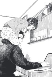  1boy 1girl bottle bunting carrying ceiling child desk father_and_daughter from_side greyscale hatching_(texture) highres hood hood_down hoodie indoors linear_hatching long_sleeves marker monochrome nashika_t open_mouth original pants piggyback print_pants window 