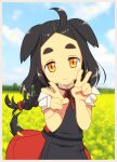  1girl ahoge animal_ears apron bangs black_apron black_hair blue_sky blush border braid chocolat_c_cognac_(muu) closed_mouth clouds cloudy_sky day dog_ears dog_girl dog_tail double_v dress field flower flower_field forehead grey_border hands_up head_tilt long_hair muu_(mumumer) neck_ribbon orange_eyes original outdoors parted_bangs petals puffy_short_sleeves puffy_sleeves red_dress red_ribbon ribbon short_eyebrows short_sleeves single_braid sky smile solo tail thick_eyebrows v very_long_hair yellow_flower 