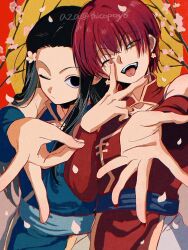  2boys black_eyes black_hair cherry_blossoms china_dress chinese_clothes closed_mouth dress highres hisoka_morow hunter_x_hunter illumi_zoldyck looking_at_viewer male_focus multiple_boys no_pupils one_eye_closed open_mouth pink_petals red_hair teeth thicopoyo tongue tongue_out twitter_username v yellow_eyes 