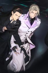  2boys absurdres bindi black_gloves black_hair black_jacket black_necktie black_pants black_suit blonde_hair coat collared_shirt earrings facial_hair feet_out_of_frame final_fantasy final_fantasy_vii final_fantasy_vii_remake fingerless_gloves furrowed_brow gloves grey_shirt hair_pulled_back hair_slicked_back highres jacket jewelry long_coat male_focus multiple_boys mustache necktie pants parted_bangs rufus_shinra shirt short_hair shou_rou sideburns suit suit_jacket tseng white_coat white_pants white_shirt 