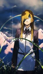  1girl arms_at_sides belt black_pantyhose black_ribbon blonde_hair blue_eyes blurry bokeh brown_belt brown_shirt commentary cowboy_shot depth_of_field dew_drop diffraction_spikes eyepatch fate/grand_order fate_(series) grass hair_over_one_eye la-na long_hair long_sleeves looking_up miniskirt mountain mountainous_horizon neck_ribbon official_art one_eye_covered ophelia_phamrsolone outdoors overcast pantyhose parted_lips rainbow ribbon sad shirt skirt sky sleeves_past_wrists solo standing third-party_source two-tone_shirt water_drop white_shirt white_skirt wing_collar 