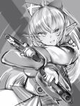  1girl absurdres aiming_at_viewer bangs bow crossed_wrists dual_wielding greyscale gun hair_between_eyes hair_bow handgun highres holding hololive long_hair long_sleeves looking_at_viewer monochrome nanashi_(nlo) parted_lips pointy_ears ponytail shiranui_flare sketch smile solo virtual_youtuber weapon wide_sleeves 