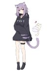  1girl absurdres animal animal_ears black_footwear black_hoodie braid cat cat_ears cat_girl cat_tail full_body hayashi_maka highres hood hood_down hoodie light_purple_hair looking_at_viewer no_pants original short_hair sleeves_past_fingers sleeves_past_wrists smile standing tail violet_eyes white_background 