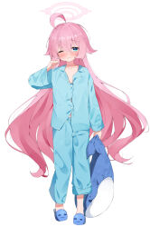  1girl :3 =_= absurdres ahoge alternate_costume avant_garde_(artist) blue_archive blue_eyes blue_pajamas blue_pants blue_shirt blue_slippers blush closed_mouth commentary hair_between_eyes halo hand_up highres holding holding_stuffed_toy hoshino_(blue_archive) long_hair long_sleeves looking_at_viewer one_eye_closed pajamas pants pink_hair pink_halo shirt simple_background slippers solo stuffed_toy stuffed_whale very_long_hair wavy_mouth white_background 