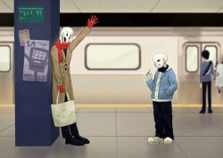 2024 2boys 2d alternate_costume arm_up bag black_pants black_shoes blue_jacket brothers brown_coat coat crim0137 digital_media gloves hand_in_pocket hand_up highres holding holding_bag humanoid jacket male male_focus monster monster_boy multiple_boys open_jacket pants papyrus_(undertale) poster_(object) red_gloves red_scarf sans_(undertale) scarf shirt shoes siblings skeleton standing subway subway_station teeth undead undertale utdr_(toby_fox) whimsun white_shirt white_shoes