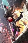  1girl black_hair bodysuit cindy_moon city explosion fire highres in-hyuk_lee long_hair marvel mask outdoors silk_(marvel) spider-man_(series) web_address 