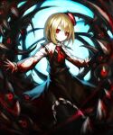  1girl ascot bangs black_skirt black_vest blonde_hair blood blood_on_clothes blood_on_hands closed_mouth collared_shirt darkness frilled_shirt_collar frilled_skirt frills hair_between_eyes hair_ribbon highres long_sleeves outstretched_arms red_ascot red_eyes red_ribbon ribbon rumia shirt short_hair skirt solo spark621 spread_arms touhou vest white_shirt 
