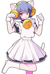  1girl :o absurdres alternate_costume animal_ear_headwear animal_ears apron ayanami_rei bell black_choker black_dress blue_hair blush_stickers boots cat_ears cat_girl cat_tail choker cosplay curled_fingers dejiko dejiko_(cosplay) di_gi_charat dress enmaided foot_up from_side gloves hair_bell hair_between_eyes hair_ornament hands_up highres jeff_miga jingle_bell looking_at_viewer looking_to_the_side maid neck_bell neon_genesis_evangelion open_mouth paw_pose petticoat puffy_short_sleeves puffy_sleeves red_eyes romaji_commentary short_hair short_sleeves simple_background solo standing standing_on_one_leg tail w_arms white_apron white_background white_boots white_gloves 