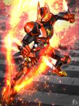  1boy absurdres armor black_armor black_bodysuit bodysuit boost_mark_ii_buckle commentary_request cowboy_shot desire_driver fighting_stance fire flame_print fox fox_boy fox_mask gloves glowing glowing_eyes green_fire highres hitodama incoming_attack kamen_rider kamen_rider_geats kamen_rider_geats_(series) kamen_rider_geats_boost_mark_ii kitsune male_focus mask mixed-language_commentary mouth_guard multiple_tails orange_eyes power_armor raise_buckle raised_fist red_footwear red_gloves reiei_8 shoulder_armor solo tail thighs 