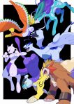 absurdres bird black_background black_eyes border closed_mouth commentary_request entei fangs frown gogot highres ho-oh lugia mewtwo no_humans open_mouth pokemon pokemon_(creature) raikou red_eyes suicune talons tongue violet_eyes white_border 