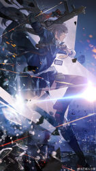  1girl absurdres algae_(5455454541) black_boots black_jacket black_skirt boots brown_hair chinese_commentary closed_mouth collared_shirt commentary_request full_body girls&#039;_frontline_2:_exilium girls_frontline glass_shards gun h&amp;k_ump handgun highres holding holding_gun holding_weapon holster id_card jacket lens_flare leva_(girls&#039;_frontline_2) long_hair mechanical_arms necktie pleated_skirt projectile_trail shirt shoulder_holster single_mechanical_arm single_thighhigh skirt solo submachine_gun thigh-highs torn_clothes torn_thighhighs ump45_(girls&#039;_frontline) watermark weapon weibo_username weibo_watermark white_shirt yellow_necktie 