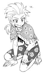  1boy barefoot claws dede_(qwea_00000) fang fang_out final_fantasy final_fantasy_vi fingernails full_body gau greyscale hair_slicked_back kneeling male_focus midriff monochrome navel print_cape print_shorts sharp_fingernails sharp_toenails short_hair_with_long_locks shorts sidelocks smile solo toenails white_background 
