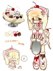  1girl 2000s_(style) animal_ears apron banana banana_split blonde_hair blush_stickers bomal1215 cherry chibi chibi_inset dress english_text food food-themed_clothes fruit furry furry_female hairband heterochromia highres holding holding_tray ice_cream icing leg_warmers lolita_hairband multiple_views original rabbit_ears rabbit_girl rabbit_tail short_hair simple_background single_blush_sticker standing tail tray white_background 