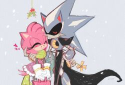  1boy 1girl alternate_costume amy_rose animal_ears animal_nose bag black_sclera bracelet closed_eyes colored_sclera dress flower furry furry_female furry_male gloves gold_bracelet green_scarf grey_background hairband heart hedgehog_boy hedgehog_girl hetero highres holding holding_bag holding_flower humanoid_robot jewelry looking_at_another metal_sonic mistletoe neo_metal_sonic pink_bag pink_fur pink_hair pink_hairband purple_dress robot scarf sczawr short_tail simple_background snow sonic_(series) sonic_the_hedgehog_(idw) standing tail upper_body white_gloves yellow_flower 