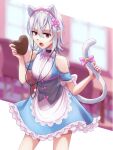  1girl :o absurdres accelerator_(toaru_majutsu_no_index) albino ambiguous_gender androgynous animal_ears apron bangs bare_legs black_choker blue_dress blurry blurry_background border bow candy cat_ears cat_tail cherrhara chocolate choker corset cowboy_shot detached_sleeves dress dutch_angle electrodes expressionless flat_chest flower food frilled_dress frilled_sleeves frills genderswap genderswap_(mtf) hair_between_eyes hair_flower hair_ornament hairband heart heart-shaped_chocolate highres holding holding_chocolate holding_food holding_own_tail kemonomimi_mode lace-trimmed_hairband lace_trim looking_at_viewer maid maid_apron maid_headdress pale_skin pink_hairband red_eyes short_dress short_hair short_sleeves sidelocks signature solo standing suzushina_yuriko tail tail_bow tail_ornament toaru_majutsu_no_index waist_apron white_apron white_border white_hair 