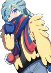  1boy absurdres arm_at_side blue_eyes blue_mittens blue_scarf commentary_request green_hair grey_pants grusha_(pokemon) hair_bun hand_up highres jacket long_sleeves looking_at_viewer male_focus pants pokemon pokemon_(game) pokemon_sv scarf solo striped striped_scarf yellow_jacket yuihico 