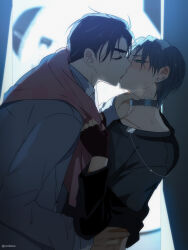  2boys alien_stage artist_name black_hair black_shirt choker closed_eyes coat commentary ear_piercing earrings english_commentary fingerless_gloves french_kiss from_side gloves green_eyes grey_choker highres ivan_(alien_stage) jewelry kiss long_sleeves lucidkana multiple_boys neck_tattoo piercing shirt short_hair tattoo till_(alien_stage) towel towel_around_neck white_coat yaoi 