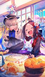  +++ 1boy 3girls afterimage androgynous animal_on_head basket bird bird_on_head black_hat blonde_hair blue_eyes blue_hair blue_shirt brown_cardigan brown_hair bukurote buttons calendar_(object) captain_nemo_(fate) captain_nemo_(fortune_comes_to_those_in_a_kotatsu)_(fate) cardigan chaldea_uniform closed_eyes closed_mouth collared_shirt commentary covering_own_mouth creature creature_on_lap crying dress dutch_angle fate/grand_order fate_(series) flower food fou_(fate) fruit fujimaru_ritsuka_(female) fukuwarai glasses goredolf_musik gradient_hair hair_flower hair_ornament hair_over_one_eye hand_over_own_mouth hat hat_feather holding_bento indoors jacket kotatsu laughing leonardo_da_vinci_(fate) leonardo_da_vinci_(rider)_(fate) long_hair long_sleeves mash_kyrielight medium_hair motion_lines multicolored_hair multiple_girls nemo_(fate) new_year non-humanoid_robot official_alternate_costume official_art on_head open_mouth orange_(fruit) orange_slice parted_bangs peaked_cap pinafore_dress pink_hair ponytail puffy_long_sleeves puffy_sleeves red_dress robot robot_animal robot_bird round_eyewear shirt short_hair shouji sidelocks sitting slapping sleeveless sleeveless_dress sliding_doors sparkle spinning_top table teeth third-party_source trembling twintails upper_teeth_only walking white_jacket wing_collar 