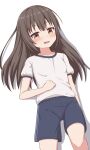  1girl :d bangs black_hair blue_shorts blush brown_eyes collarbone commentary_request gym_shirt gym_shorts gym_uniform hair_between_eyes highres long_hair looking_at_viewer original puffy_short_sleeves puffy_sleeves shadow shirt short_sleeves shorts simple_background smile solo takasuma_hiro very_long_hair white_background 