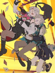  1girl 2boys animal_ears black_cat black_gloves black_shirt black_shorts blonde_hair blue_bow blue_bowtie boots bow bowtie card cat cat_ears cat_girl cat_tail freminet_(genshin_impact) full_body genshin_impact gloves hat highres holding hug hug_from_behind jwuopxx lynette_bishop lyney_(genshin_impact) multiple_boys open_mouth playing_card red_bow red_bowtie rosseland_(genshin_impact) shirt short_hair shorts sweat tail tattoo teardrop_facial_mark teardrop_tattoo thigh-highs top_hat violet_eyes 