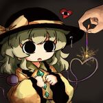  1girl :o awestruck bangs black_background black_eyes black_headwear blouse bow buttons diamond_button eyeball frilled_shirt_collar frilled_sleeves frills green_skirt hands_up hat hat_bow hat_ribbon heart heart_of_string heripantomorrow komeiji_koishi light_green_hair long_sleeves medium_hair open_mouth pov pov_hands ribbon shirt sidelocks simple_background skirt third_eye touhou upper_body wavy_hair wide_sleeves yellow_bow yellow_ribbon yellow_shirt 