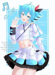 1girl aqua_eyes aqua_hair bow cosplay drill_hair hair_bow hatsune_miku highres kasane_teto kasane_teto_(cosplay) kasane_teto_(sv) kasane_teto_(sv)_(cosplay) open_mouth simple_background skellychan skirt synthesizer_v twin_drills vocaloid