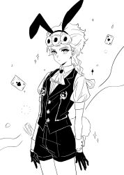  1boy animal_ears ascot braid braided_ponytail card chuchumimipupu commentary_request cowboy_shot expressionless fake_animal_ears fake_tail giorno_giovanna gloves greyscale hairband highres jojo_no_kimyou_na_bouken ladybug_ornament male_focus monochrome nontraditional_playboy_bunny playing_card rabbit_ears rabbit_tail short_shorts shorts single_braid solo tail vento_aureo vest wrist_cuffs 