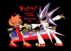  1boy 1girl :d alternate_costume amy_rose animal_ears animal_nose black_background black_sclera blue_fur bracelet closed_eyes colored_sclera dress earrings fang full_body furry furry_female furry_male furry_with_furry gloves gold_bracelet green_eyes hairband heart hedgehog_boy hedgehog_girl hetero holding_hands humanoid_robot jewelry looking_at_another metal_sonic neo_metal_sonic open_mouth pink_fur pink_hair red_dress red_eyes red_hairband red_shoes robot sczawr shoes short_tail simple_background smile sonic_(series) sonic_the_hedgehog_(idw) standing suit tail white_gloves white_suit 