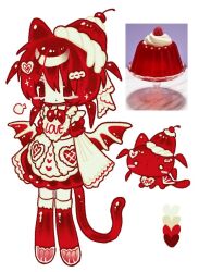  1girl 2000s_(style) animal_ears animalization apron bat_wings blush bomal1215 bow bowtie cat cat_ears cat_girl cat_tail cherry colored_skin dress english_text food food-themed_creature fruit gelatin lolita_fashion original person_and_animalization quad_tails red_bow red_bowtie red_dress red_eyes red_hair short_hair simple_background solo standing sweet_lolita tail white_apron white_background white_skin wings 
