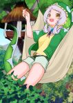  1girl blush emerald_tree_boa_(kemono_friends) green_hood green_jacket green_shorts grey_hair hair_rings hammock hood hood_up illu_(illu_stratos) jacket kemono_friends looking_at_viewer open_clothes open_jacket open_mouth pants pants_rolled_up shirt short_hair short_sleeves shorts smile snake_tail solo tail tree treehouse yellow_eyes yellow_shirt 