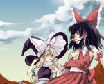  2girls apron ascot back_bow black_hair blonde_hair blue_eyes blue_sky bow breasts brown_eyes closed_mouth clouds cloudy_sky detached_sleeves frilled_bow frilled_hair_tubes frilled_shirt_collar frills hair_tubes hakurei_reimu hand_on_headwear hat hat_bow hat_ribbon holding_hands interlocked_fingers kirisame_marisa large_bow large_hat light_smile long_hair looking_at_viewer medium_hair multiple_girls nanamin open_mouth outdoors puffy_short_sleeves puffy_sleeves red_bow red_ribbon red_shirt red_skirt ribbon ribbon-trimmed_sleeves ribbon_trim sarashi shirt short_sleeves skirt sky sleeve_ribbon sleeveless sleeveless_shirt small_breasts touhou twilight upper_body very_long_hair waist_apron white_apron white_bow white_ribbon white_shirt witch_hat yellow_ascot 