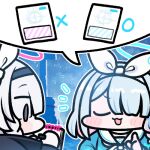  2girls :3 :d a.r.o.n.a_(blue_archive) aqua_hair arona_(blue_archive) bangs black_eyes blue_archive blush blush_stickers braid chibi colored_inner_hair commentary_request gameplay_mechanics gradient_hair hair_over_one_eye hairband halo holding holding_notebook index_finger_raised jazz_jack long_hair long_sleeves lowres multicolored_hair multiple_girls notebook pleated_skirt school_uniform serafuku short_hair sidelocks single_braid skirt smile spoken_o spoken_object spoken_x two-tone_hair white_hair writing 