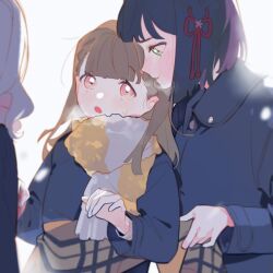  3girls :o black_hair blue_coat blunt_bangs blunt_ends blush bob_cut braid breath brown_hair brown_scarf ceras_yanagida_lilienfeld coat collared_coat commentary_request flower flower_knot green_eyes hair_flower hair_ornament hasu_no_sora_school_uniform highres holding holding_scarf holding_unworn_clothes jealous kachimachi_kosuzu link!_like!_love_live! long_hair long_sleeves looking_at_another love_live! medium_hair momose_ginko multiple_girls open_mouth pink_eyes pink_flower pipi_(m1x_mix) plaid_clothes plaid_scarf pout profile scarf school_uniform short_hair side_braids sweatdrop virtual_youtuber white_hair yellow_scarf yuri 