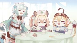  3girls ^_^ absurdres ahoge animal_ears apron blonde_hair blue_overalls brown_hair buruhas closed_eyes cup detached_sleeves dooby_(vtuber) dress fang ghost_girl gloves goggles goggles_on_head green_dress green_hair green_sleeves hat highres holding holding_cup holding_teapot indie_virtual_youtuber jerboa_tail large_ears maid_headdress mint_fantome mint_fantome_(minto_2.0) multicolored_hair multiple_girls nimi_nightmare nimi_nightmare_(tapir) nurse_cap one_side_up open_mouth overalls rounded_collar short_eyebrows short_hair sitting skin_fang sleeves_past_wrists smile tail_tuft tapir_ears tapir_girl teacup teapot triangular_headpiece two_side_up virtual_youtuber white_apron white_gloves white_hair 