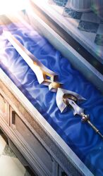  commentary fate/grand_order fate_(series) from_above indoors light_particles light_rays longinus_(weapon)_(fate) no_humans official_art polearm spear still_life third-party_source weapon weapon_focus yume32ki 