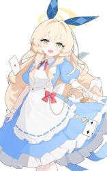  1girl absurdres alice_(alice_in_wonderland) alice_(alice_in_wonderland)_(cosplay) alice_in_wonderland alternate_costume apron blue_archive blue_dress card cosplay dress fluffy_hair frilled_dress frills halo highres jiuchong_ying_fengxue long_hair looking_at_viewer playing_card pocket_watch professor_niyaniya_(blue_archive) puffy_short_sleeves puffy_sleeves short_sleeves side_ahoge smile solo watch white_apron white_background yellow_halo 